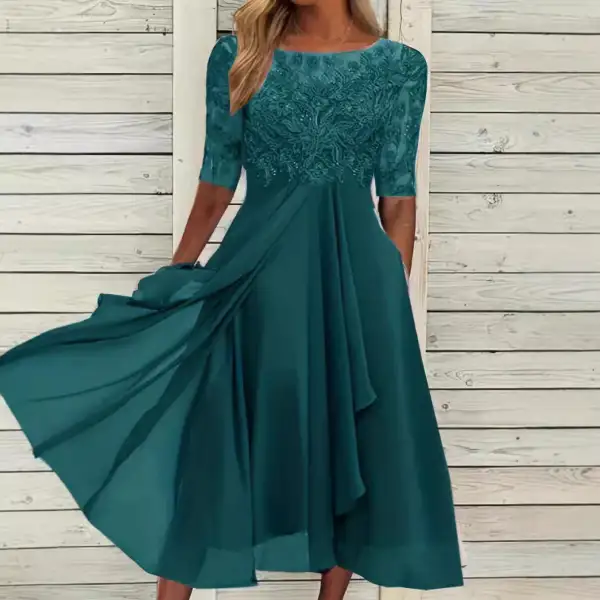 Women's A-Line Three-Quarter-Sleeve Lace Floral Midi Dress