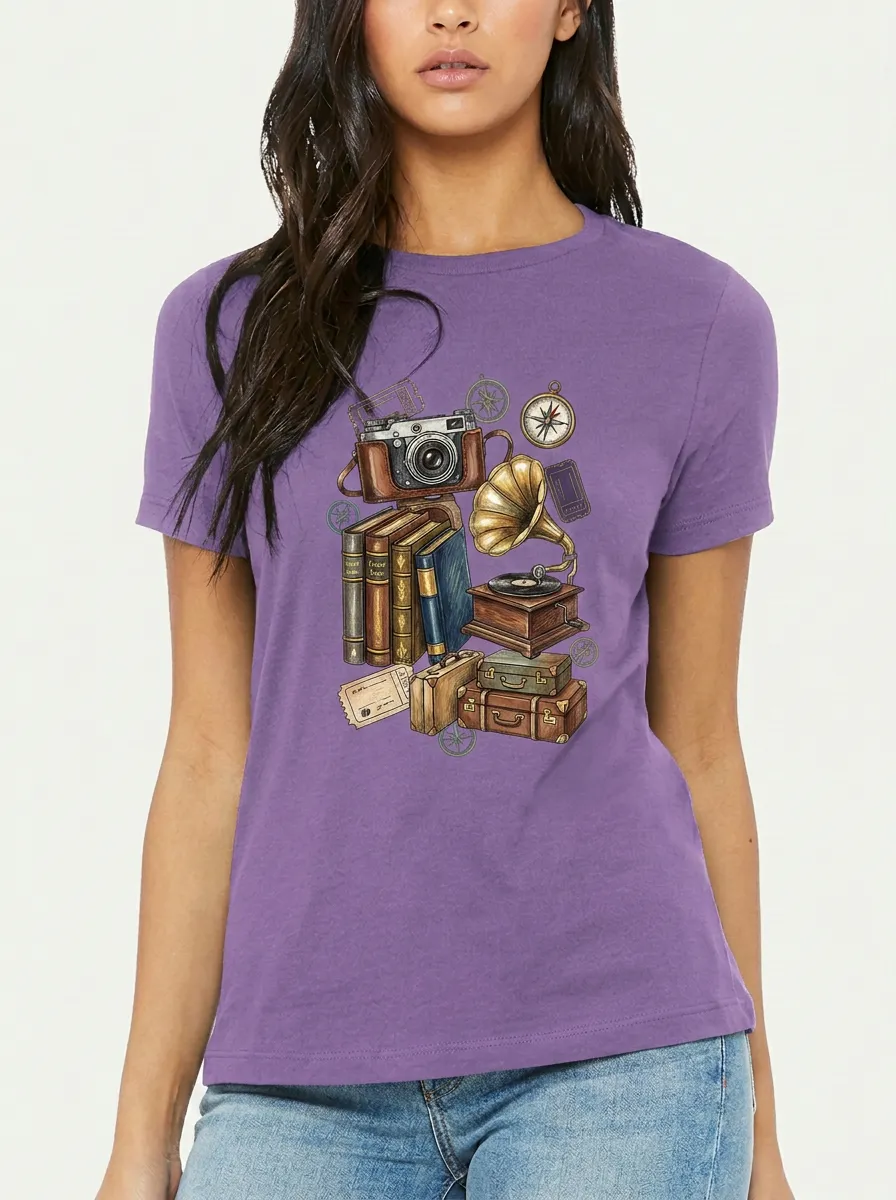 Women's Travel Lover Vintage Camera Books Gramophone Printed T-shirt