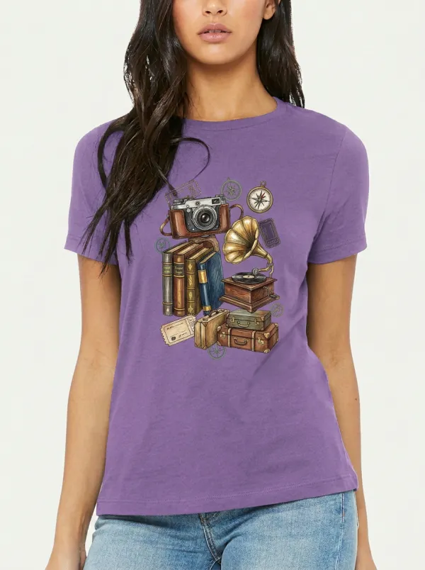 Women's Travel Lover Vintage Camera Books Gramophone Printed T-shirt