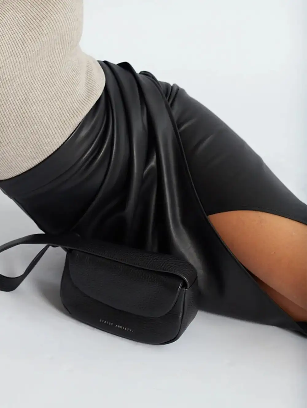 Leather Look Pleated Zipper Midi Skirt