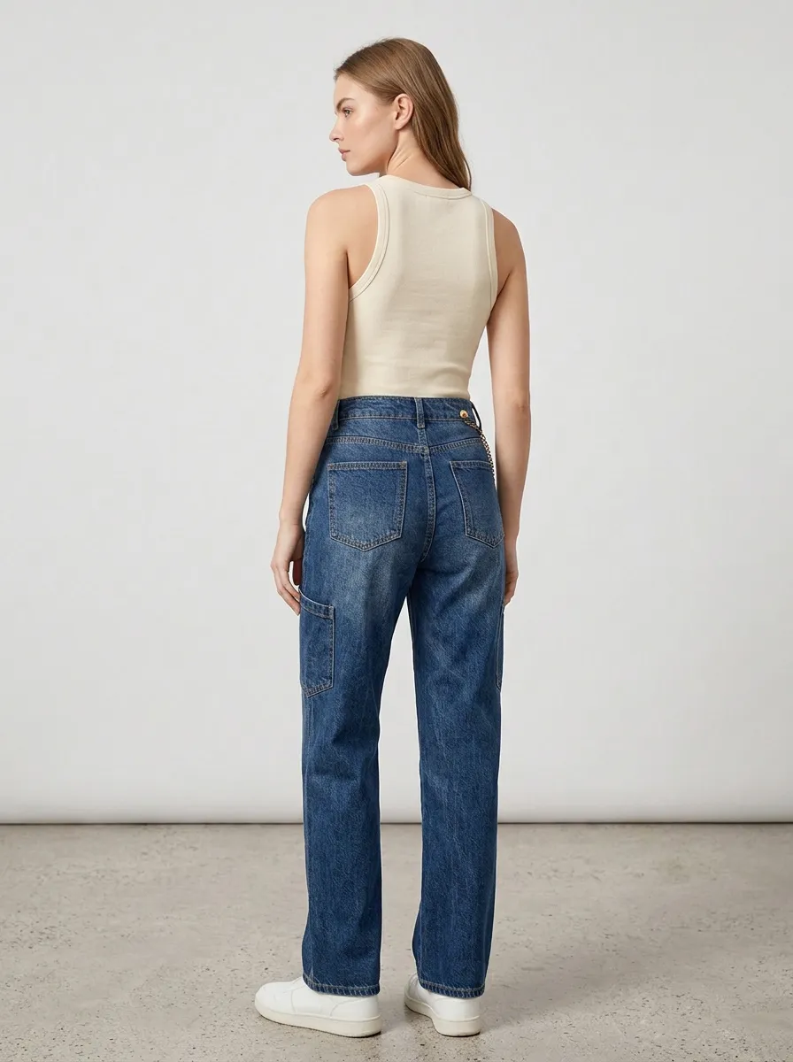 Women's Casual Streetwear Chain Detail Seamed Denim Jeans