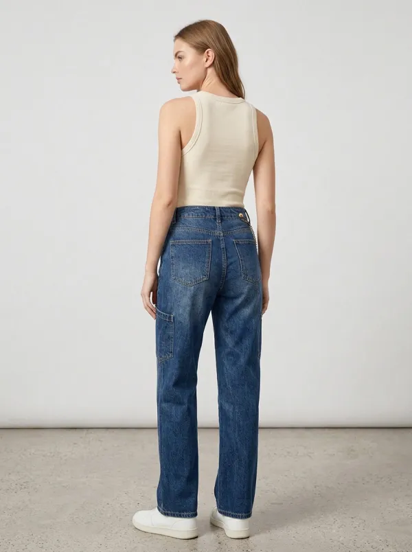 Women's Casual Streetwear Chain Detail Seamed Denim Jeans