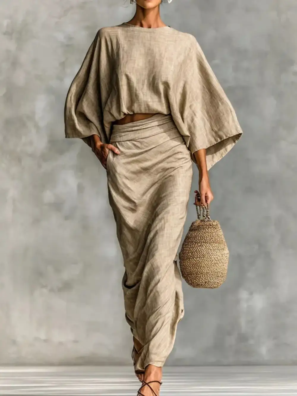 Kimono Sleeve Top and Ruched Skirt Set