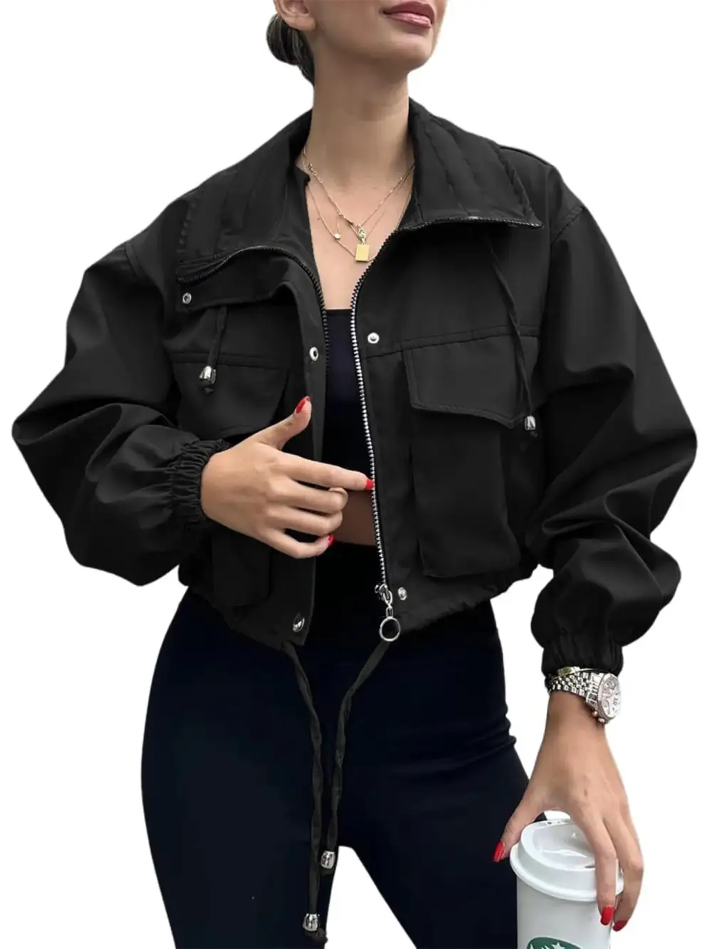 Drawstring Hem Zip Up Jacket