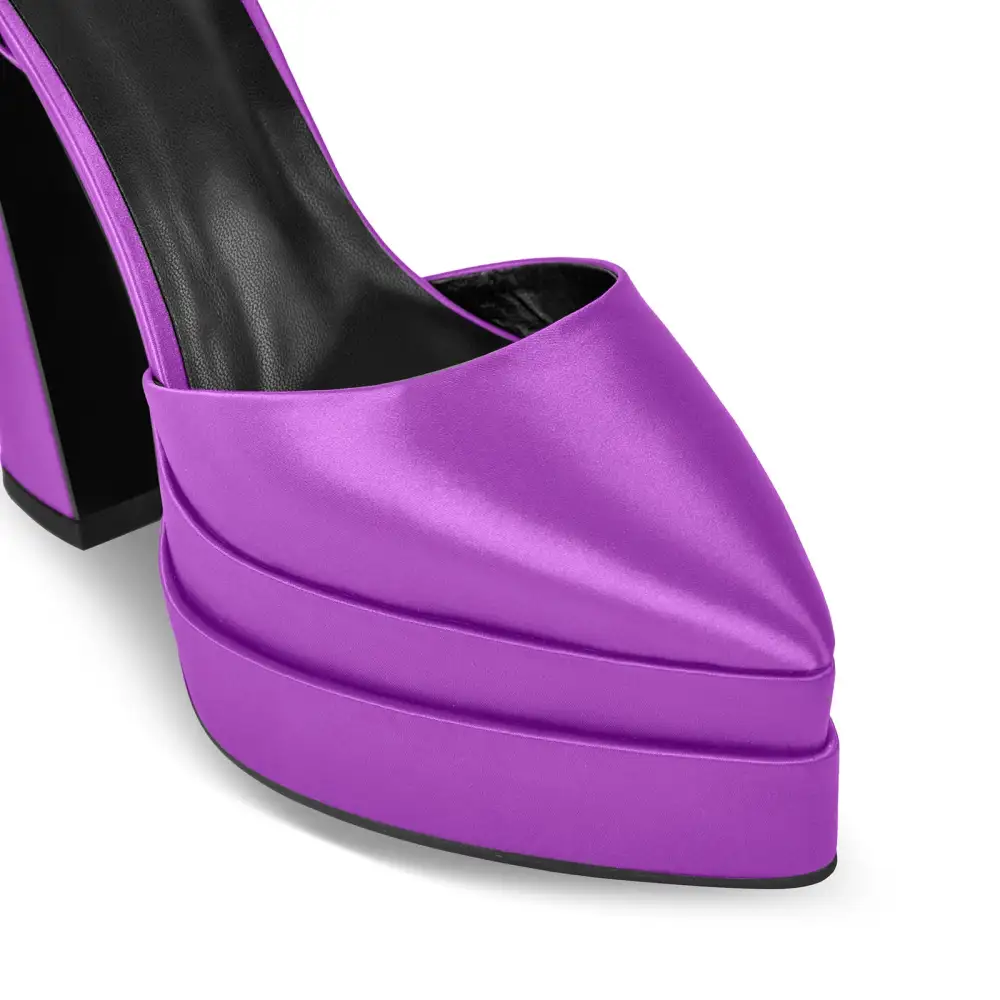 Satin Finish Rhinestone Pointed Toe Double Platform Chunky Heel Pumps