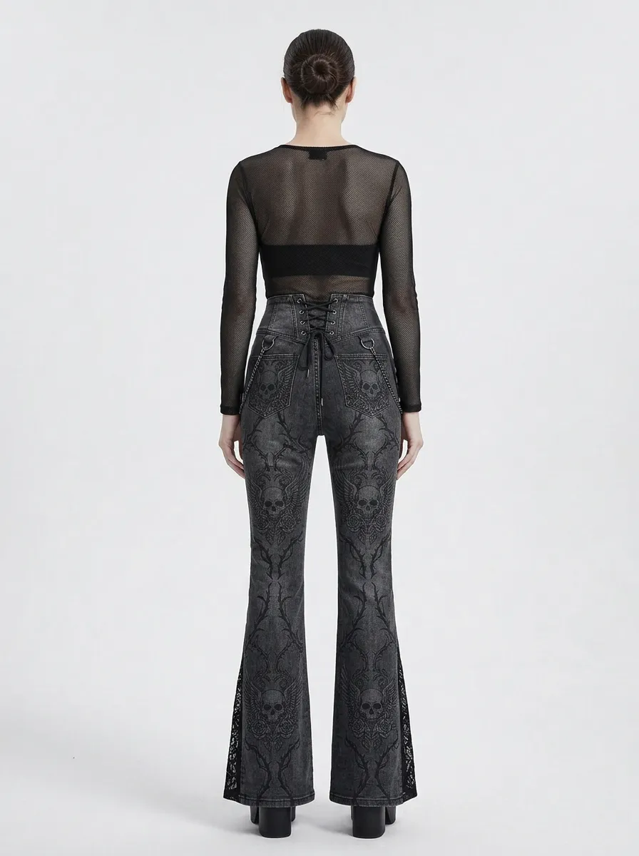 Alternative Skull Floral Lace Punk Look Women's Gothic Flare Pants