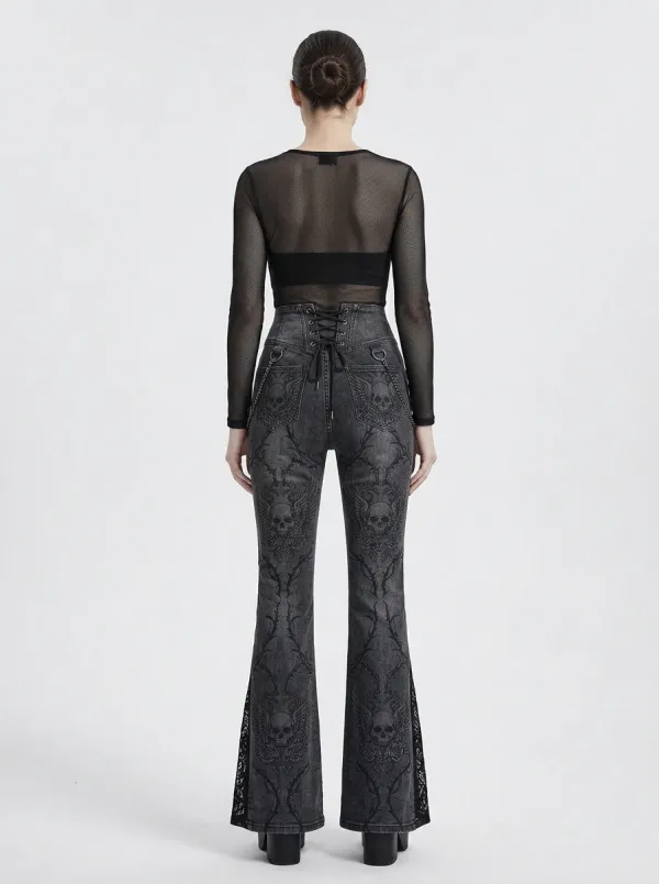 Alternative Skull Floral Lace Punk Look Women's Gothic Flare Pants