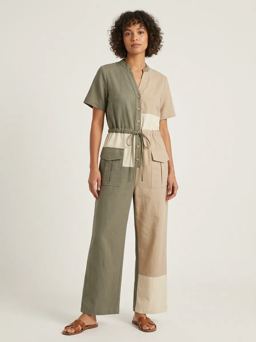 Women's Patchwork Colorblock Linen Blend Jumpsuit