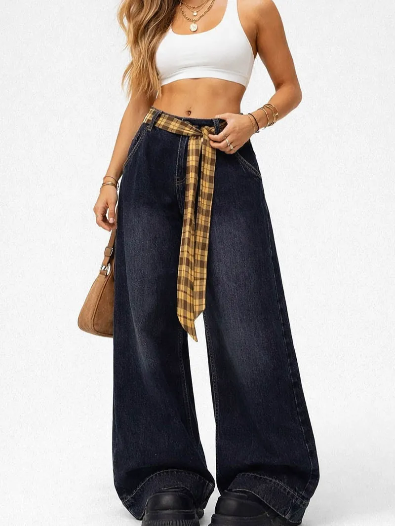 Vintage Checked Patch Belt Wide Leg Denim Pants