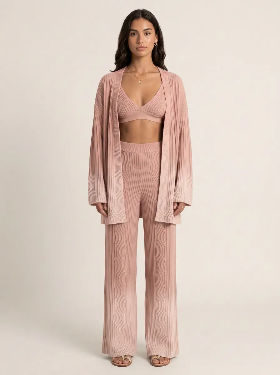 Wide Leg Ribbed Cardigan Lounge Set