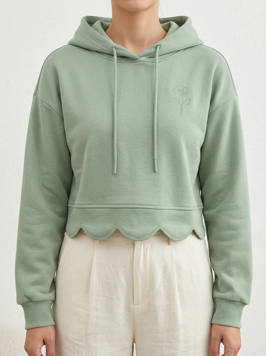 Women's Minimalist Floral Scalloped Hem Embroidered Hoodie