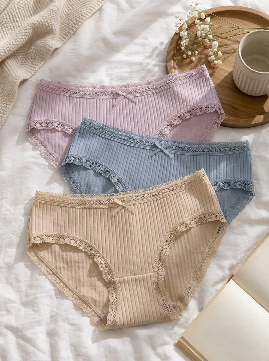 Women's Lace Trim Ribbed Bow Detail 3-Piece Panty Set