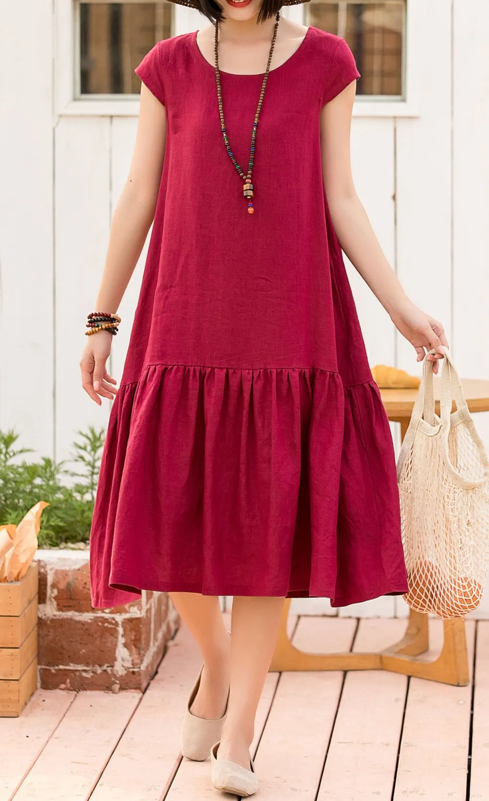 Linen Cotton Pleated Ruffle Short Sleeve Midi Dress