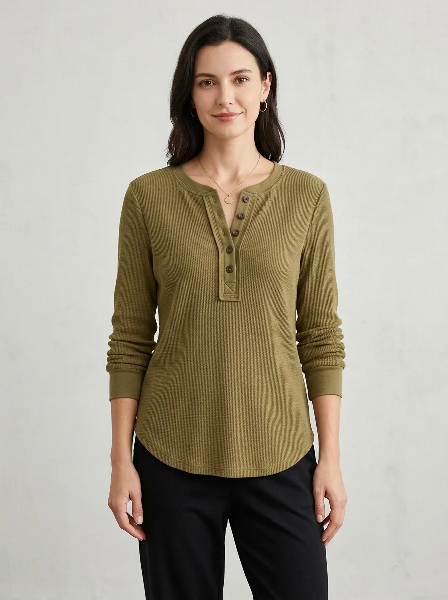 Women's Olive Green Waffle Knit Button Placket Henley Shirt