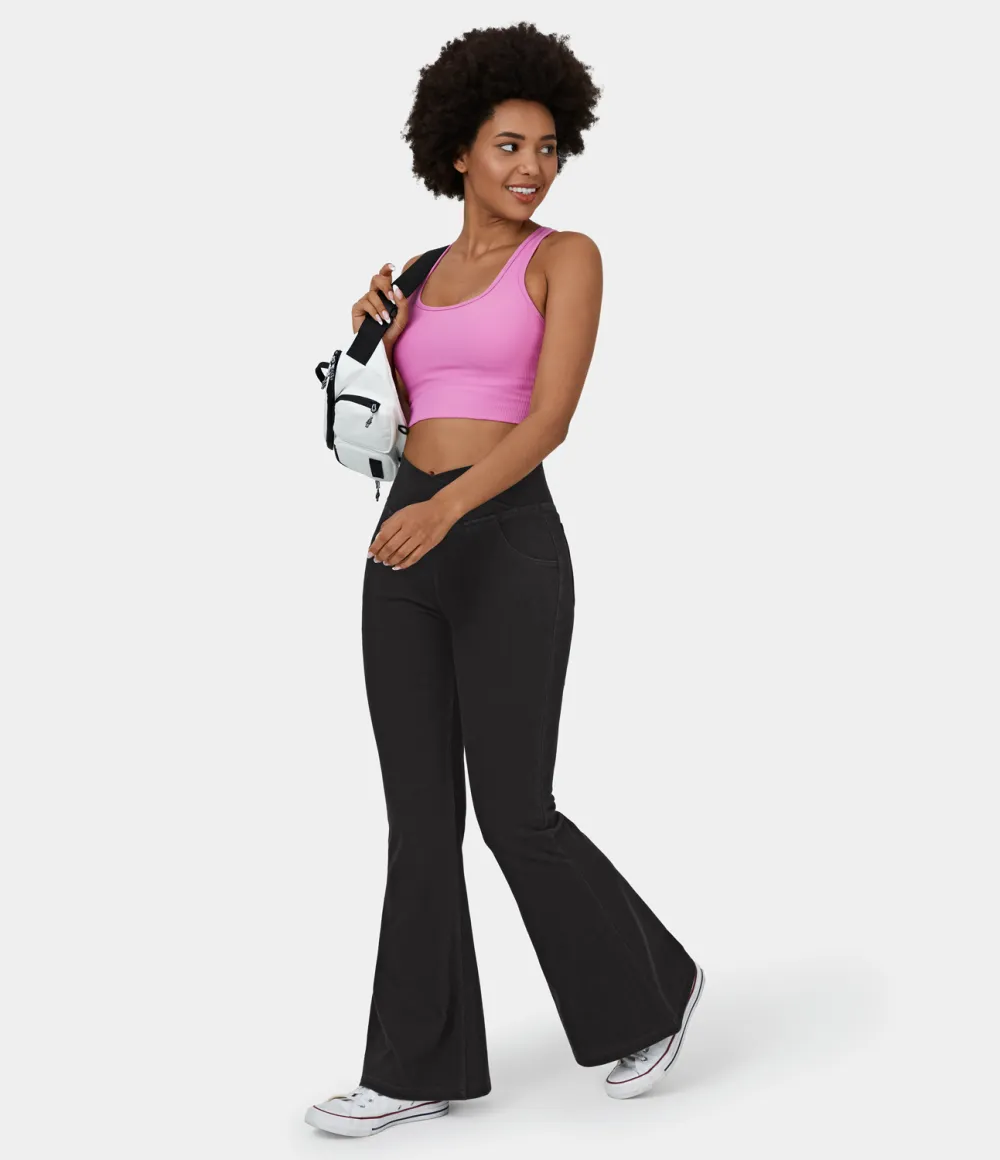 Magic High Waisted Crossover Pocket Washed Stretchy Knit Casual Super Flare Jeans