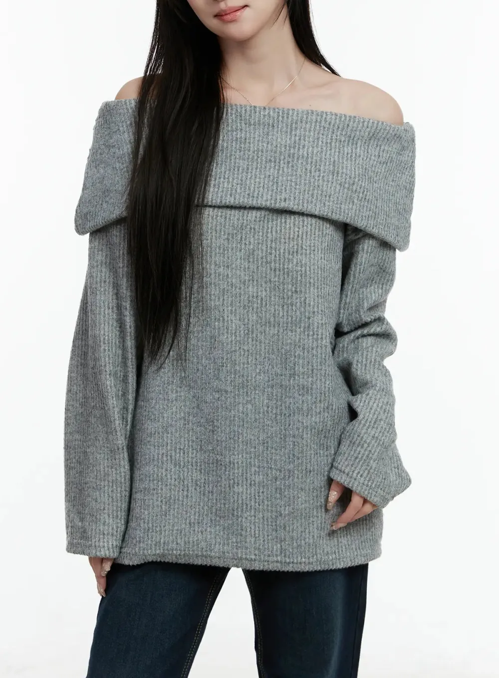 Fleece Ribbed Off-Shoulder Knit Top