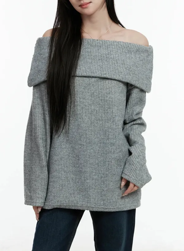 Fleece Ribbed Off-Shoulder Knit Top