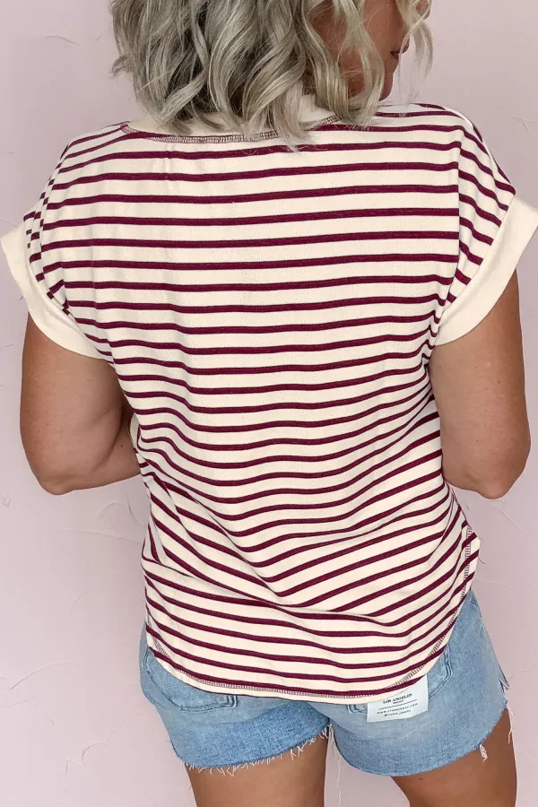 Red Stripe Half Buttons Round Tee