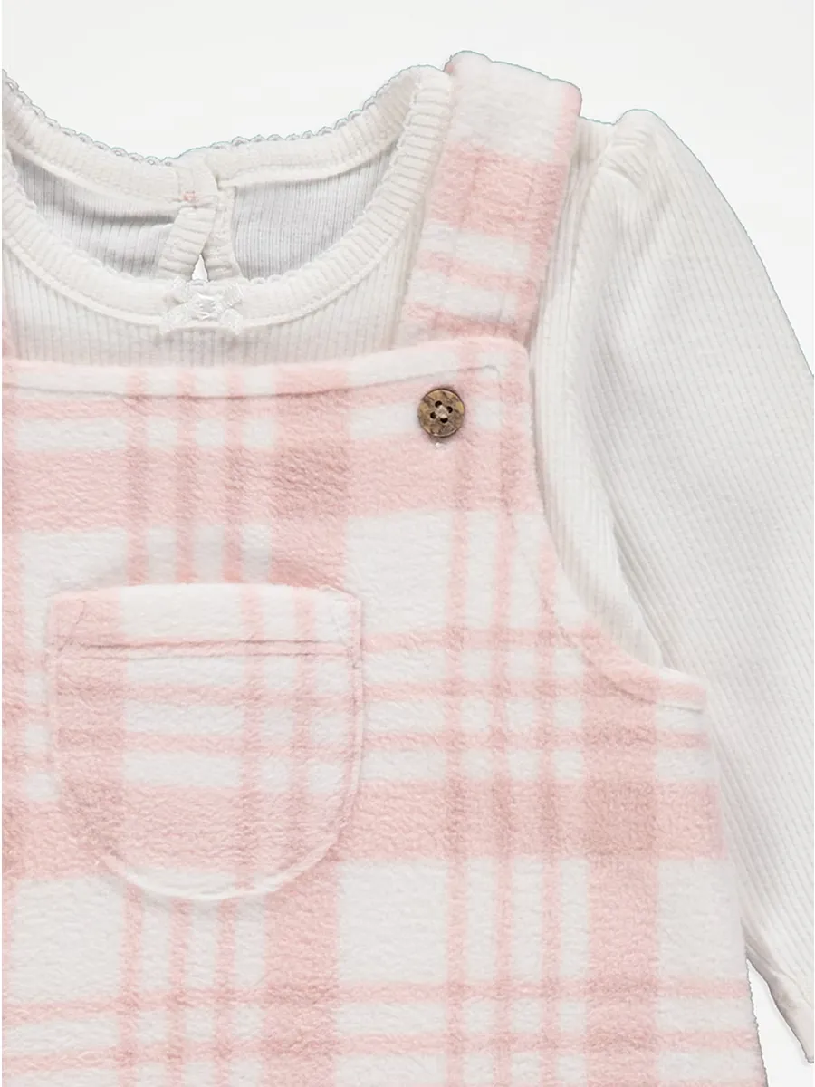 Pink Checked Fleece Pinafore Dress and Bodysuit Outfit