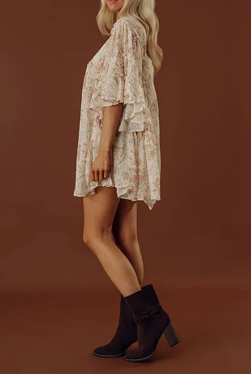 Ruffled Floral Scoop Neck Three-Quarter Sleeve Mini Dress