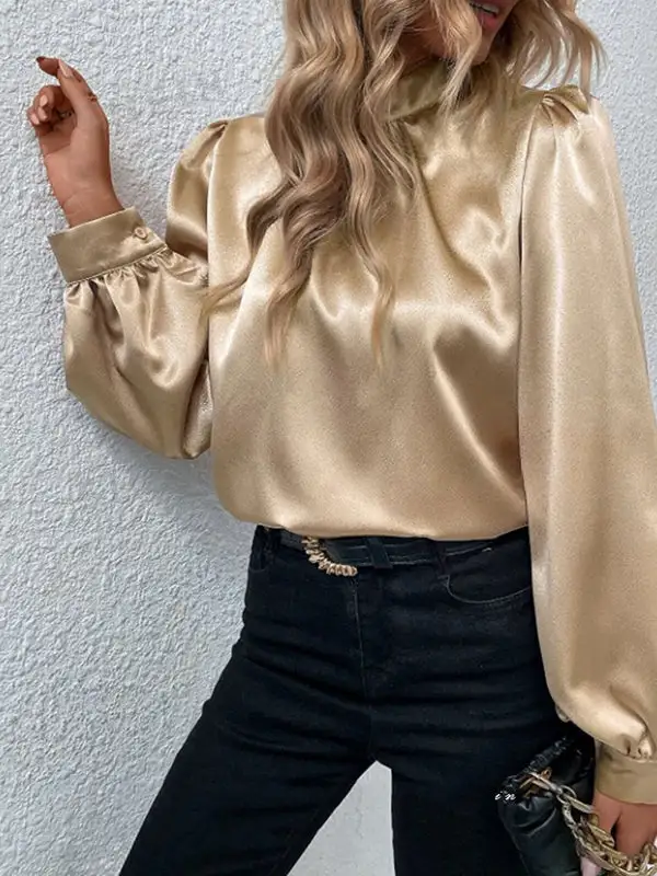 Long Sleeve Relaxed Pleat Detail Shiny Panel Detail Mock Neck T-Shirt