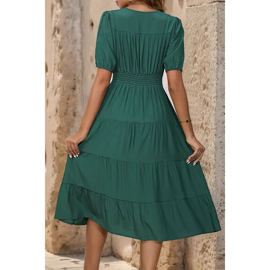 V-Neck Button Up Balloon Sleeve Midi Dress
