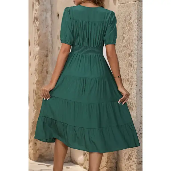 V-Neck Button Up Balloon Sleeve Midi Dress