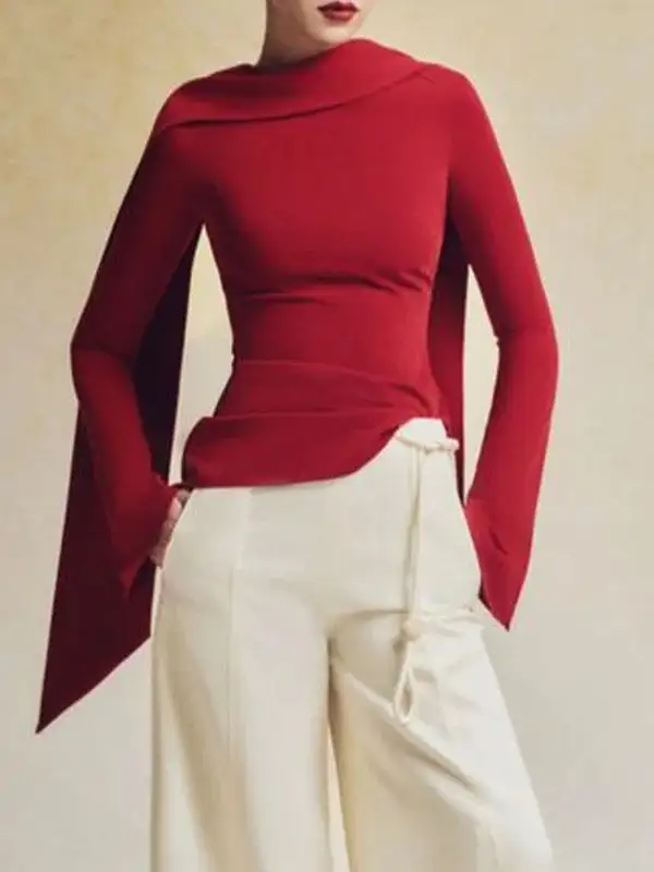Flared Sleeve Long Sleeve Zip Detail Boat Neck T-Shirt