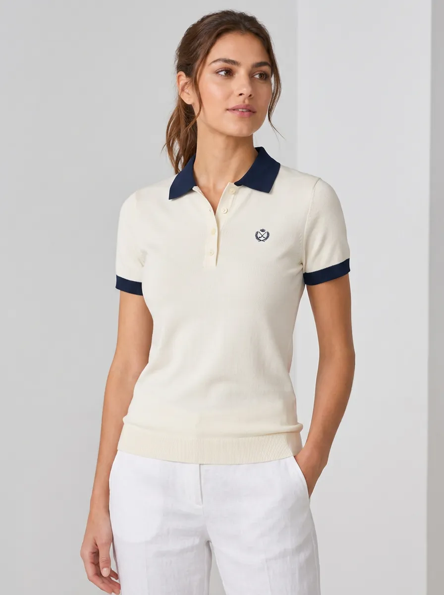 Women's Equestrian Lover Crest Logo Printed Contrast Trim Knit Polo Shirt