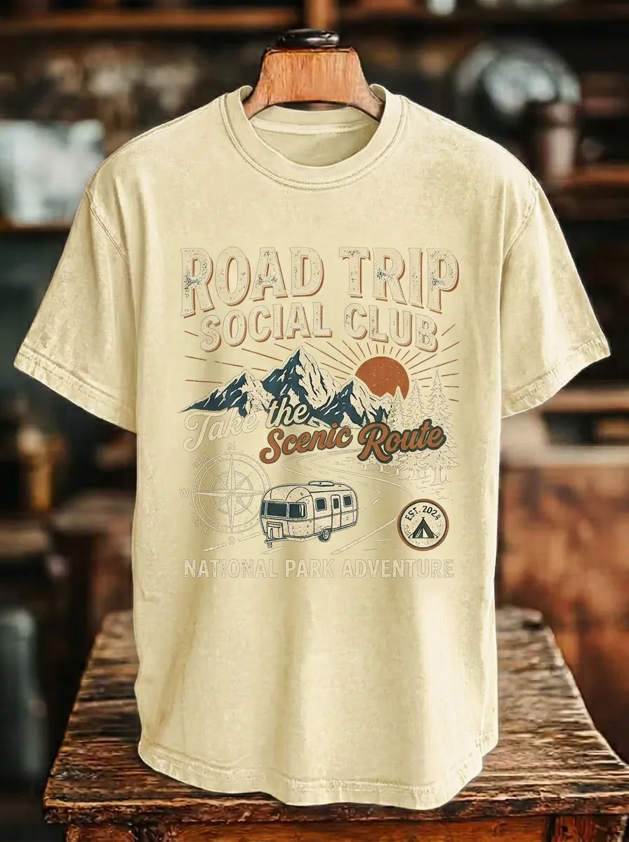 Unisex Road Trip Camper Mountain Printed T-shirt