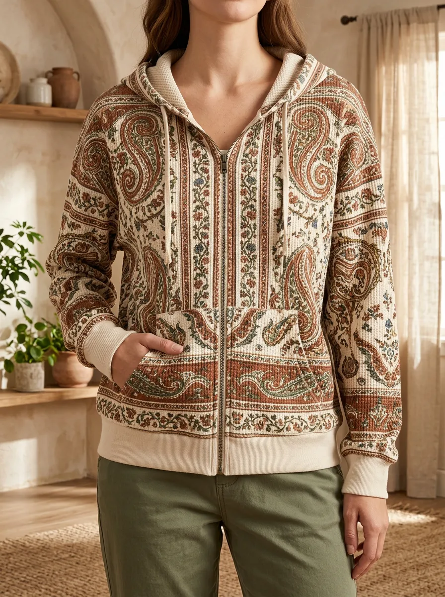 Women's Boho Paisley Floral Printed Waffle Knit Zip Up Hoodie