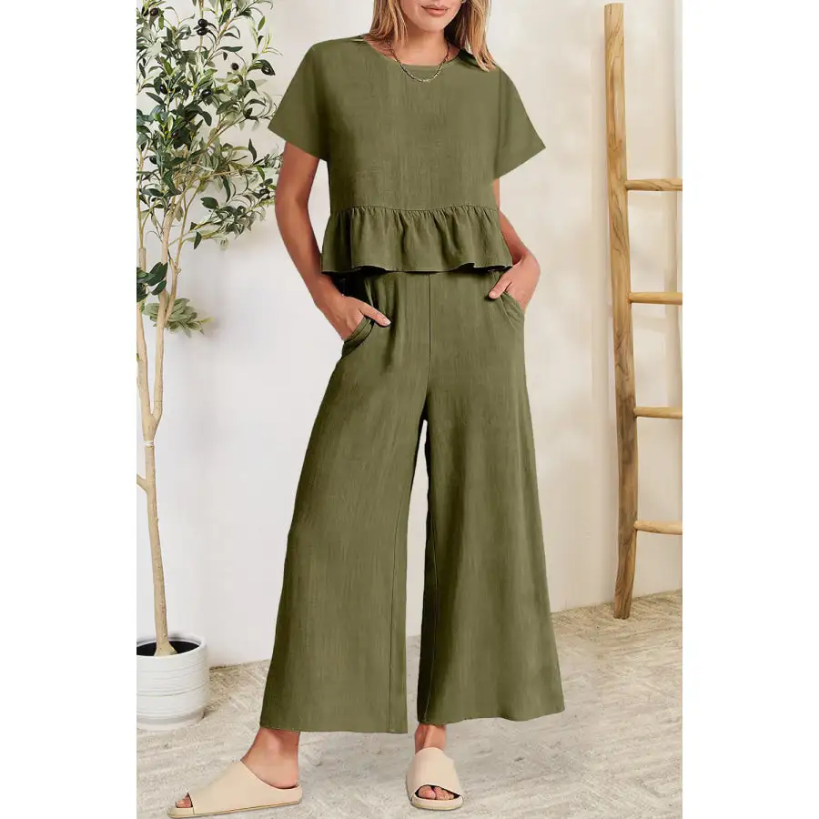 Peplum Round Neck Short Sleeve Top and Pants Set