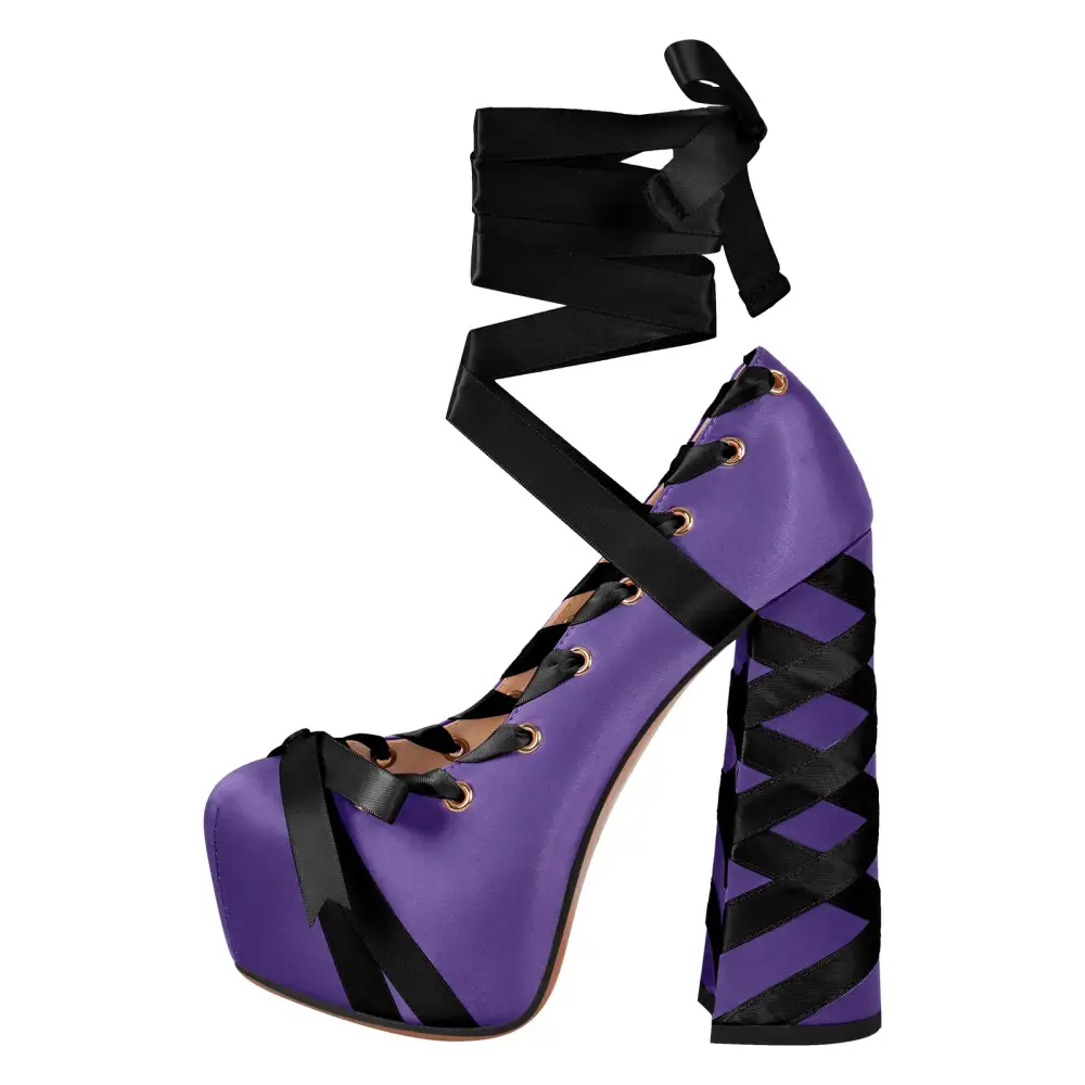 Bow Accent Pointed Toe Platform Chunky Heel Lace Up Pumps