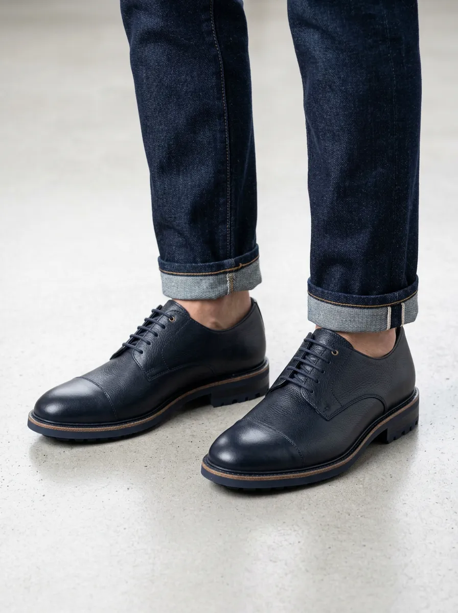 Men's Navy Blue Pebble Grain Leather Cap Toe Oxford Shoes