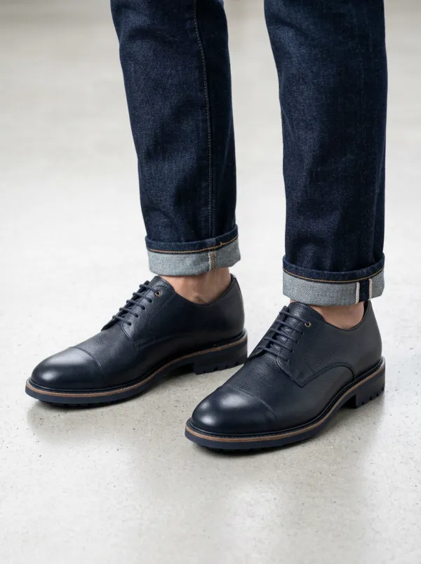 Men's Navy Blue Pebble Grain Leather Cap Toe Oxford Shoes