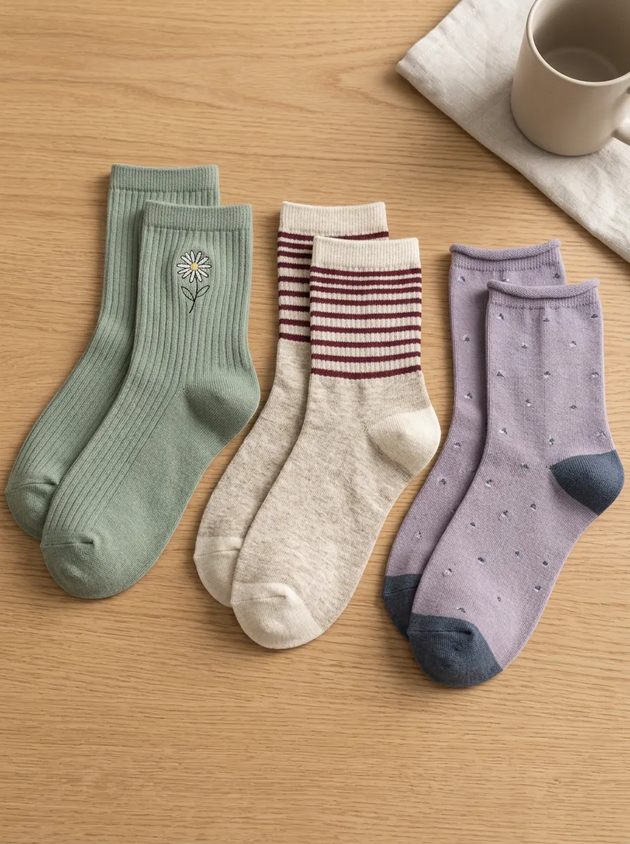 Women's Floral Striped Polka Dot Patterned Crew Socks Set