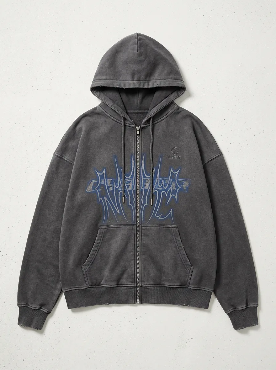 Unisex Streetwear Cyber Gothic Graphic Printed Zip-up Hoodie