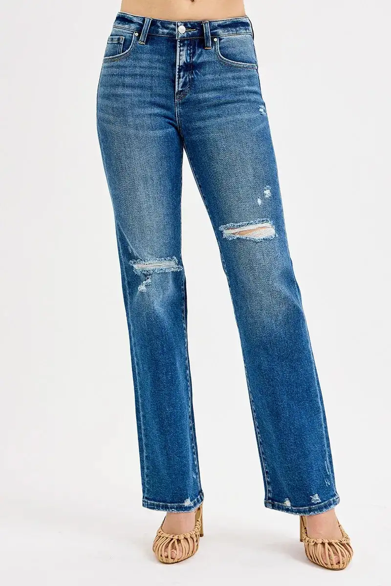 Classic High Waist Straight Leg Distressed Denim Jeans