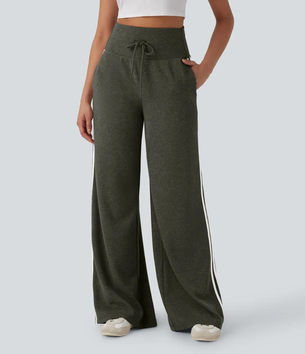 2026🔥  Ribbed SoCinched High Waisted Tummy Control Drawstring Wide Leg Color Block Casual Trousers with Pockets