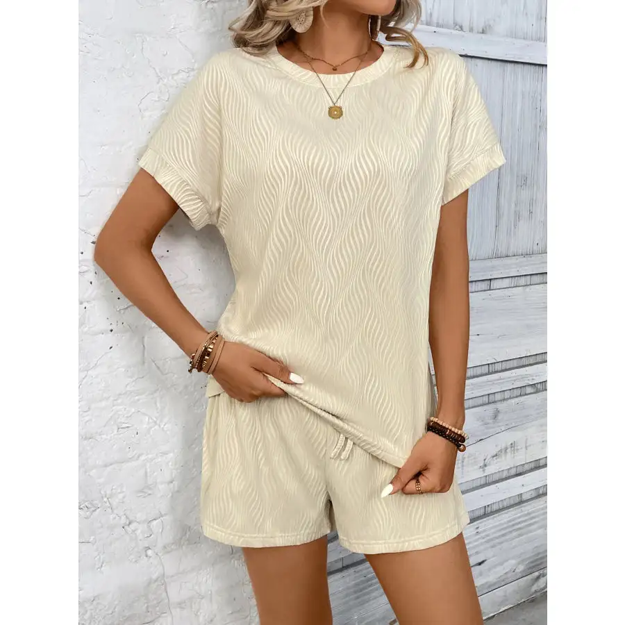 Textured Knit Round Neck Top and Shorts Set