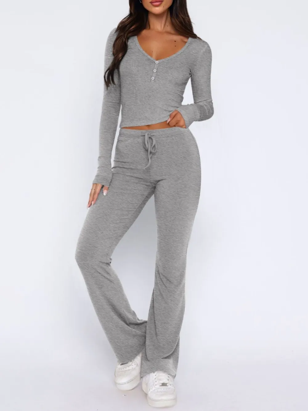 V-Neck Long Sleeve Top And Pants Set