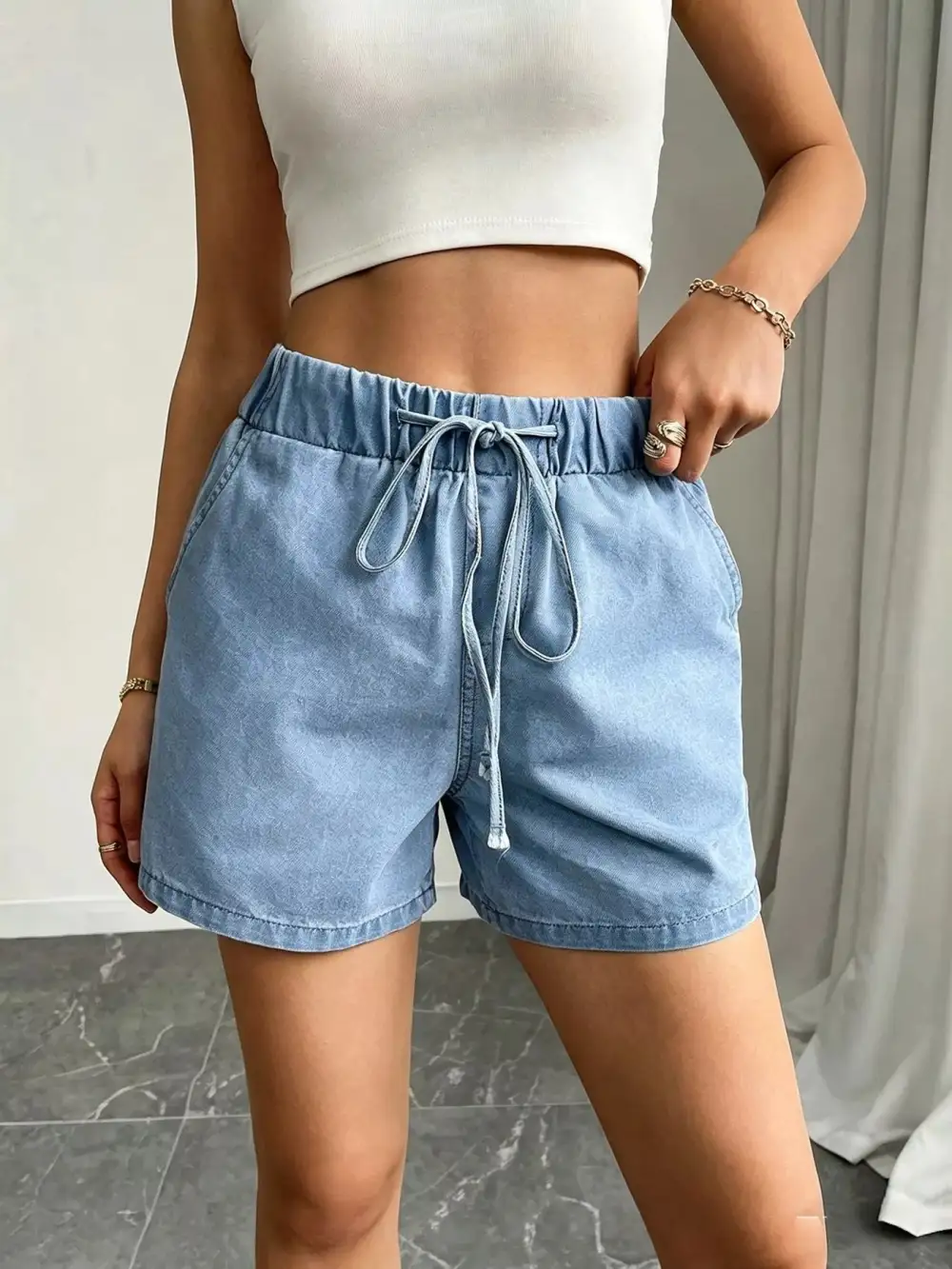 High-Waist Drawstring Pocketed Cotton Denim Shorts