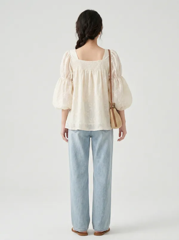 Embroidered Floral Smocked Women's Puff-Sleeve Blouse