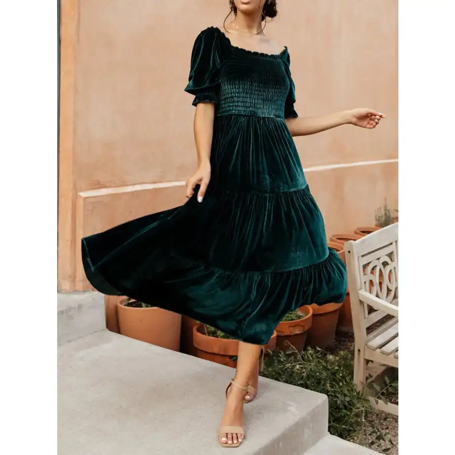 Smocked Half Sleeve Tiered Midi Dress