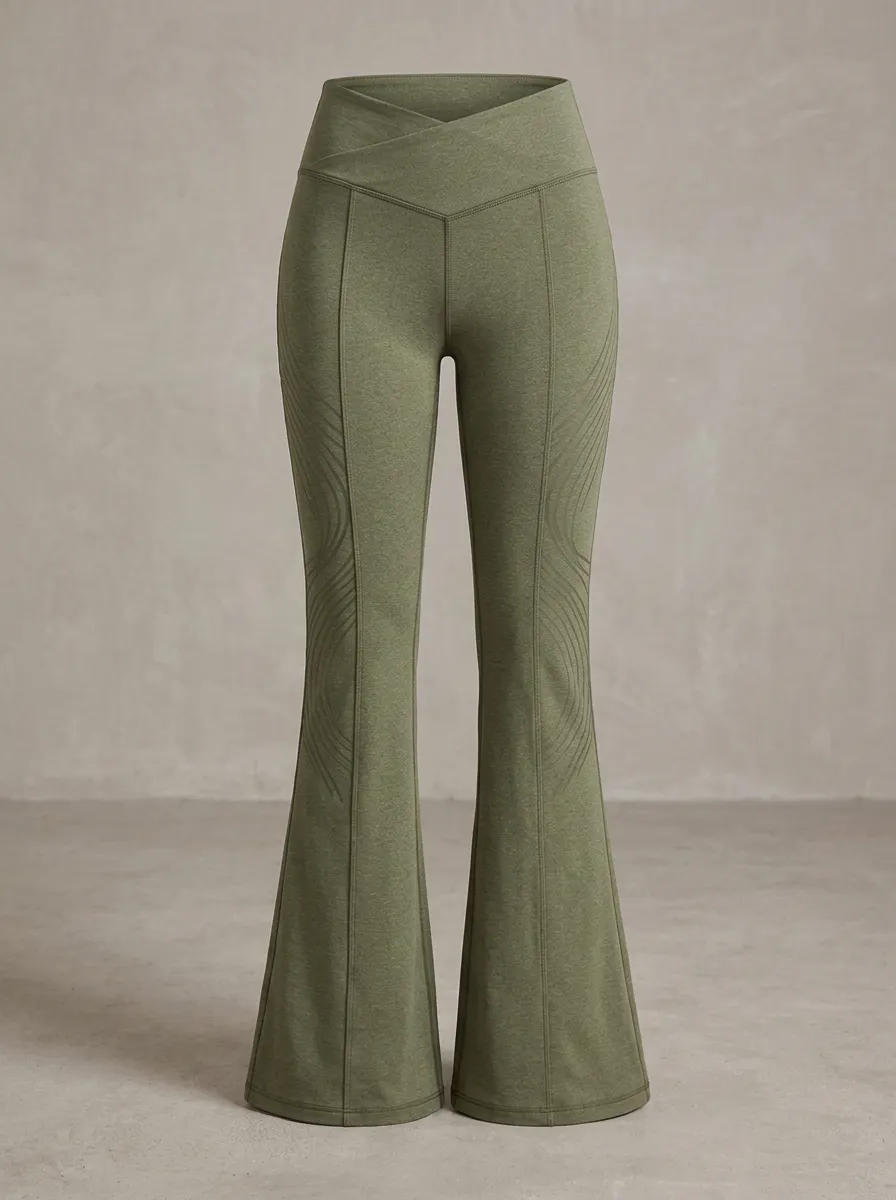 Women's Yoga Fitness Olive Green Cross-Waist Printed Flare Leggings
