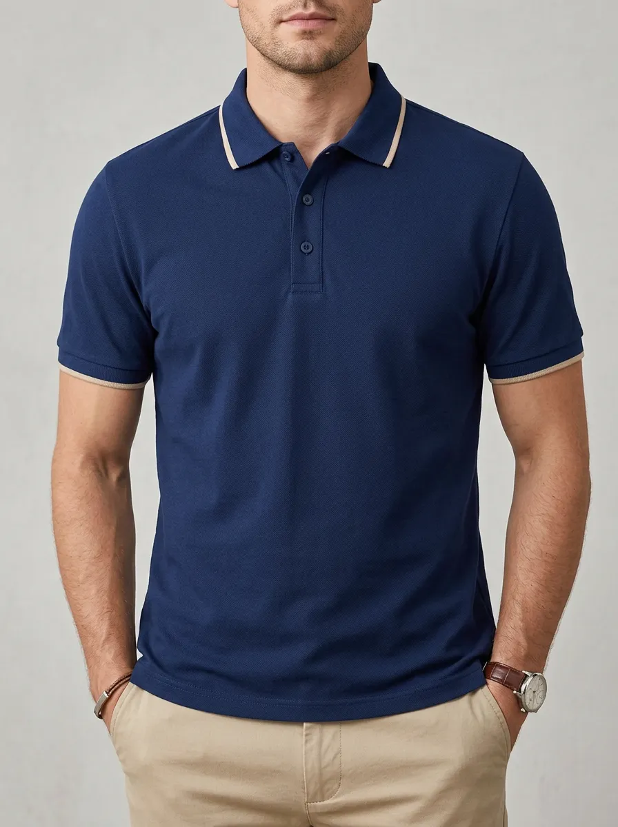Men's Navy Blue Contrast Trim Printed Polo Shirt