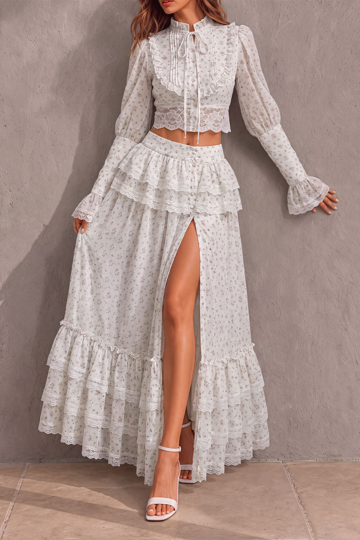Ruffle Lace Floral Matching Skirt Set