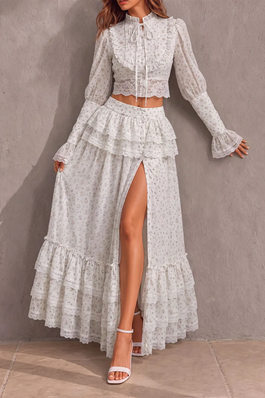 Ruffle Lace Floral Matching Skirt Set