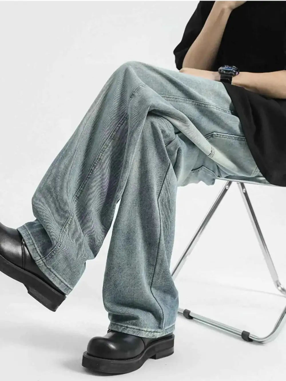Washed Wide Leg Drawstring Jeans