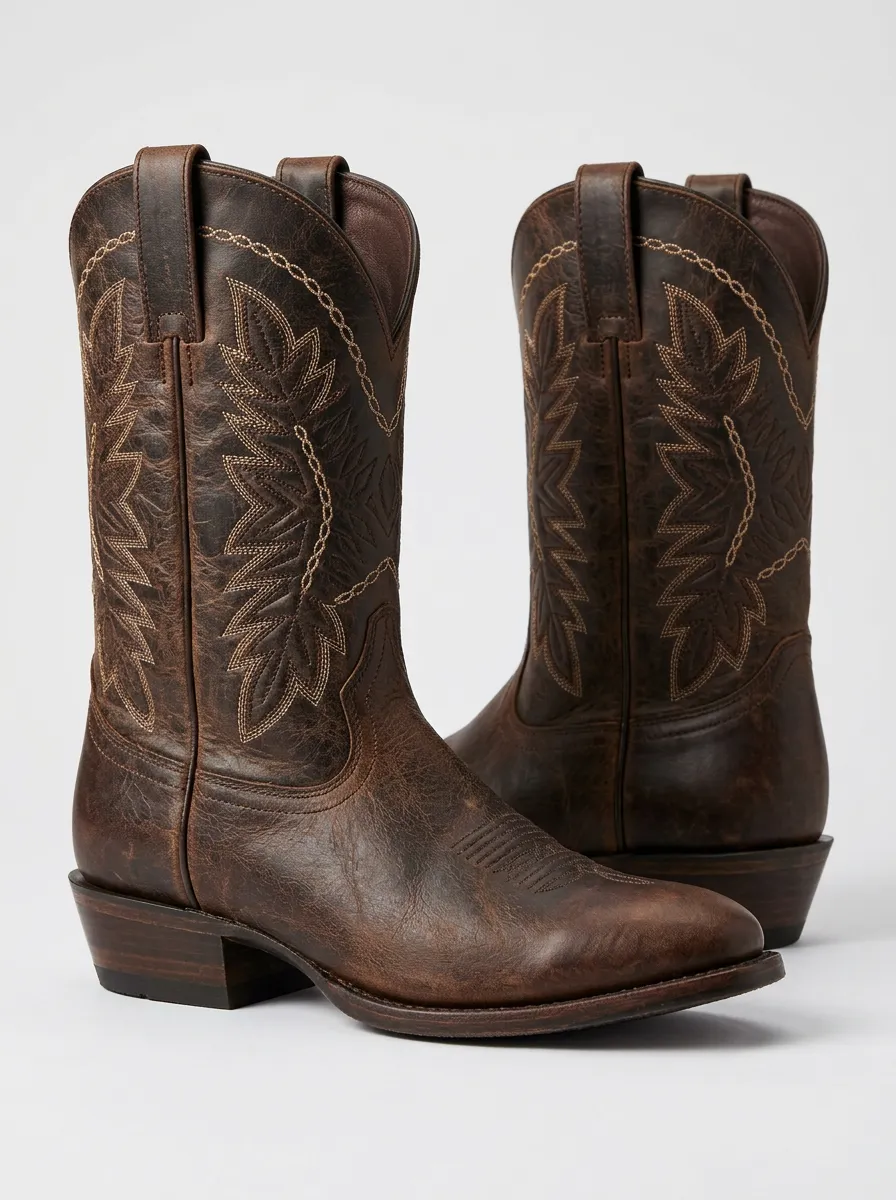 Trail Embroidered Distressed Leather-Look Profile Unisex Western Cowboy Boots